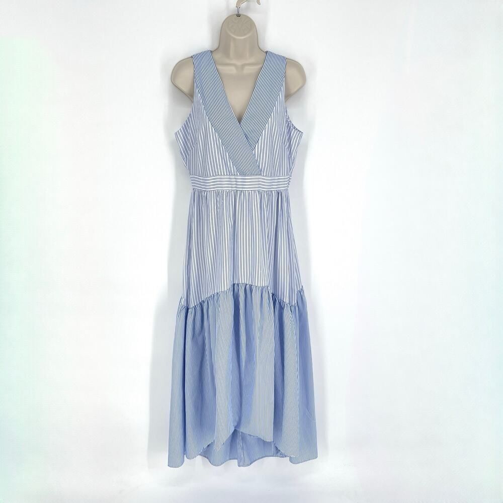 Maison Tara Stripe Hi-Low Sleeveless Midi Dress Sz 8 Blue White V-Neck Surplice